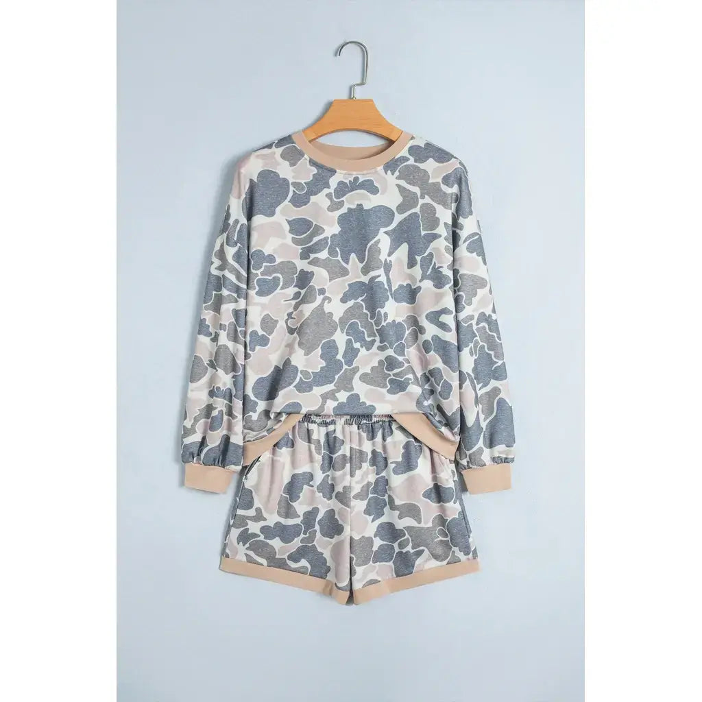 Multicolour Camouflage Patchwork Colorblock 2pcs Long Sleeve Top and Shorts Set