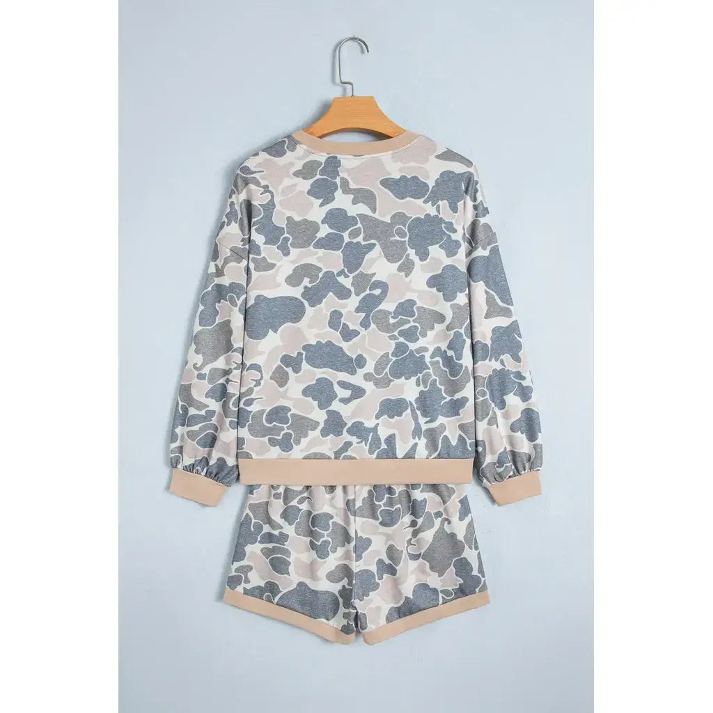 Multicolour Camouflage Patchwork Colorblock 2pcs Long Sleeve Top and Shorts Set