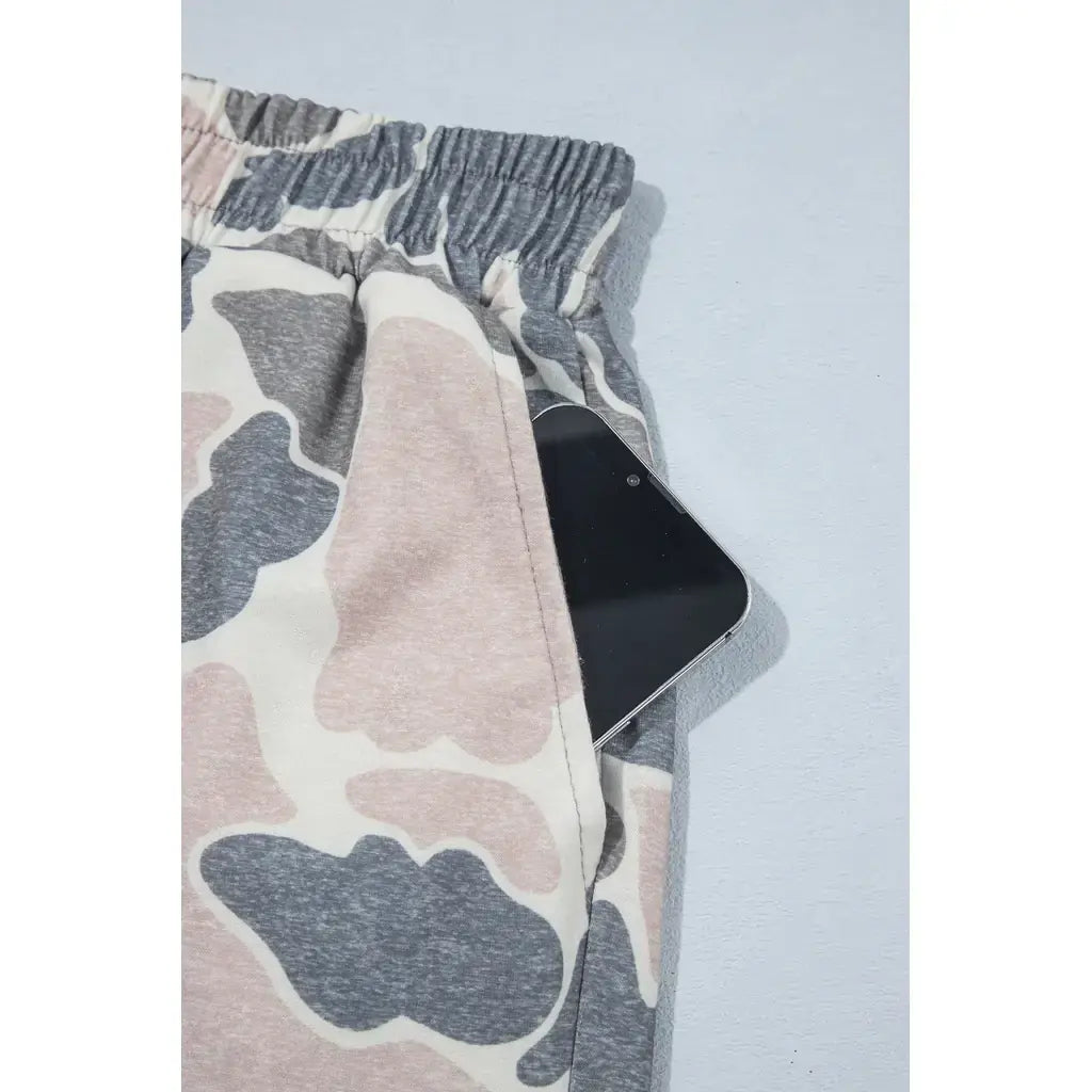 Multicolour Camouflage Patchwork Colorblock 2pcs Long Sleeve Top and Shorts Set