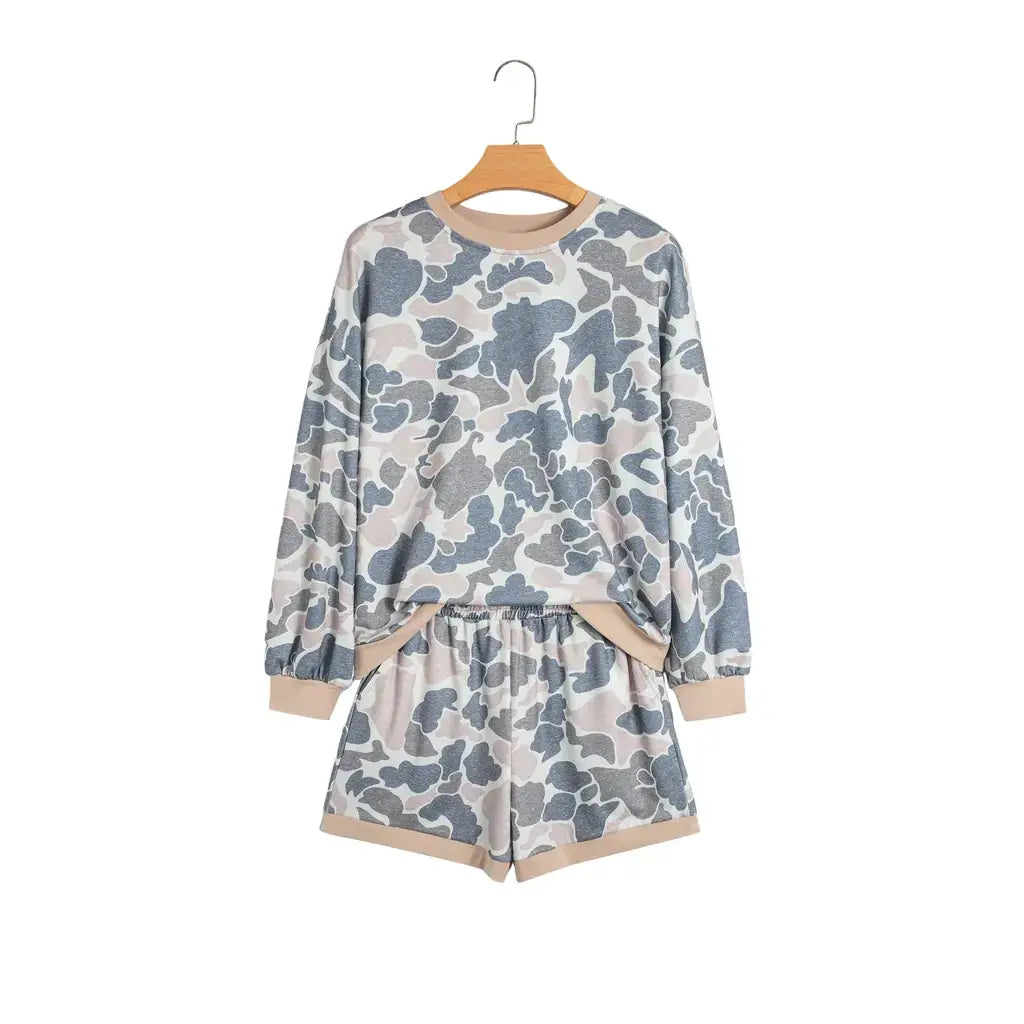 Multicolour Camouflage Patchwork Colorblock 2pcs Long Sleeve Top and Shorts Set