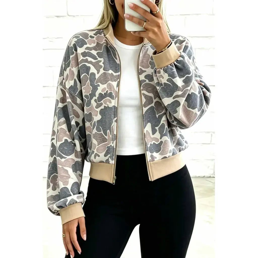 Multicolour Camouflage Print Color Block Trim Zip Bomber Sweatshirt