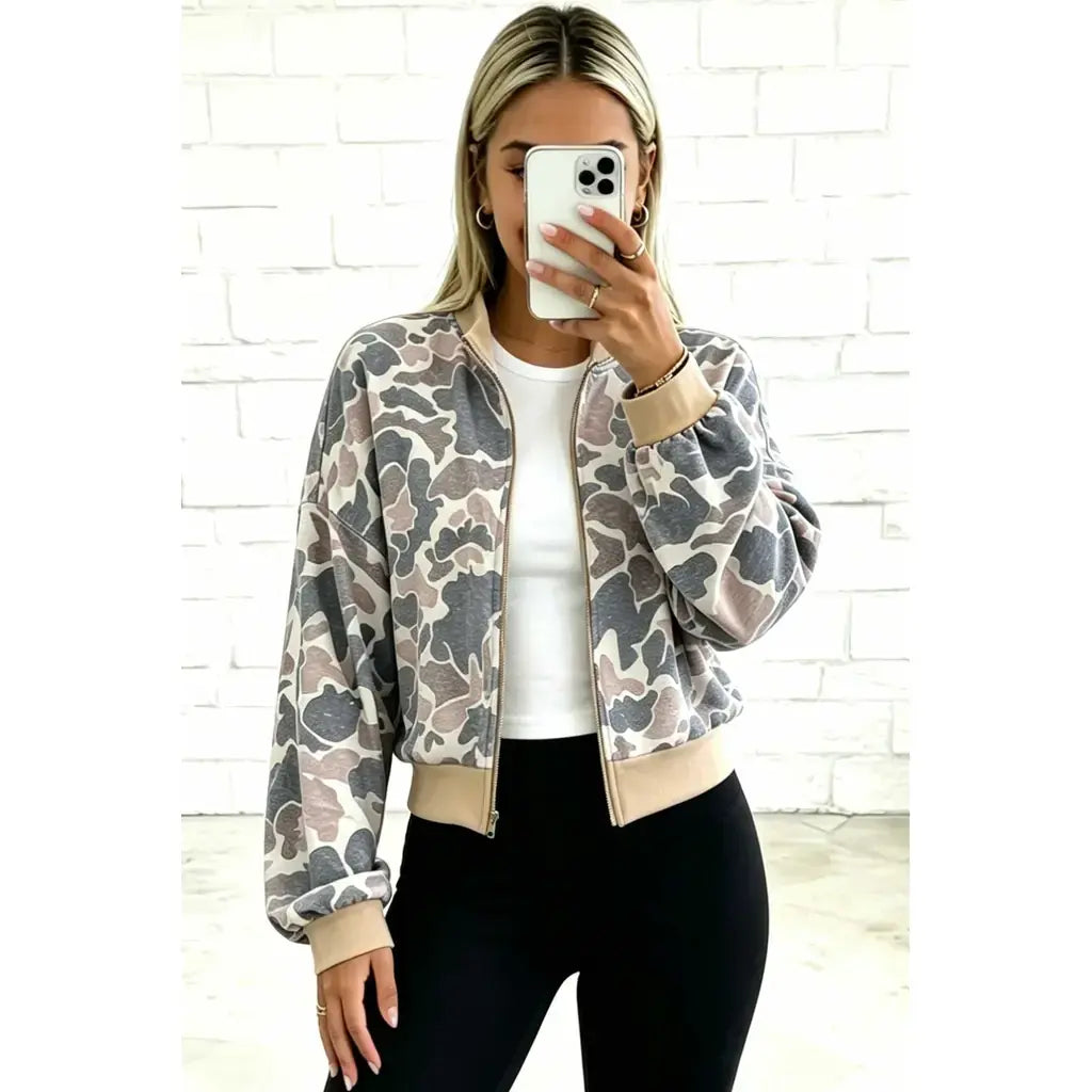Multicolour Camouflage Print Color Block Trim Zip Bomber Sweatshirt