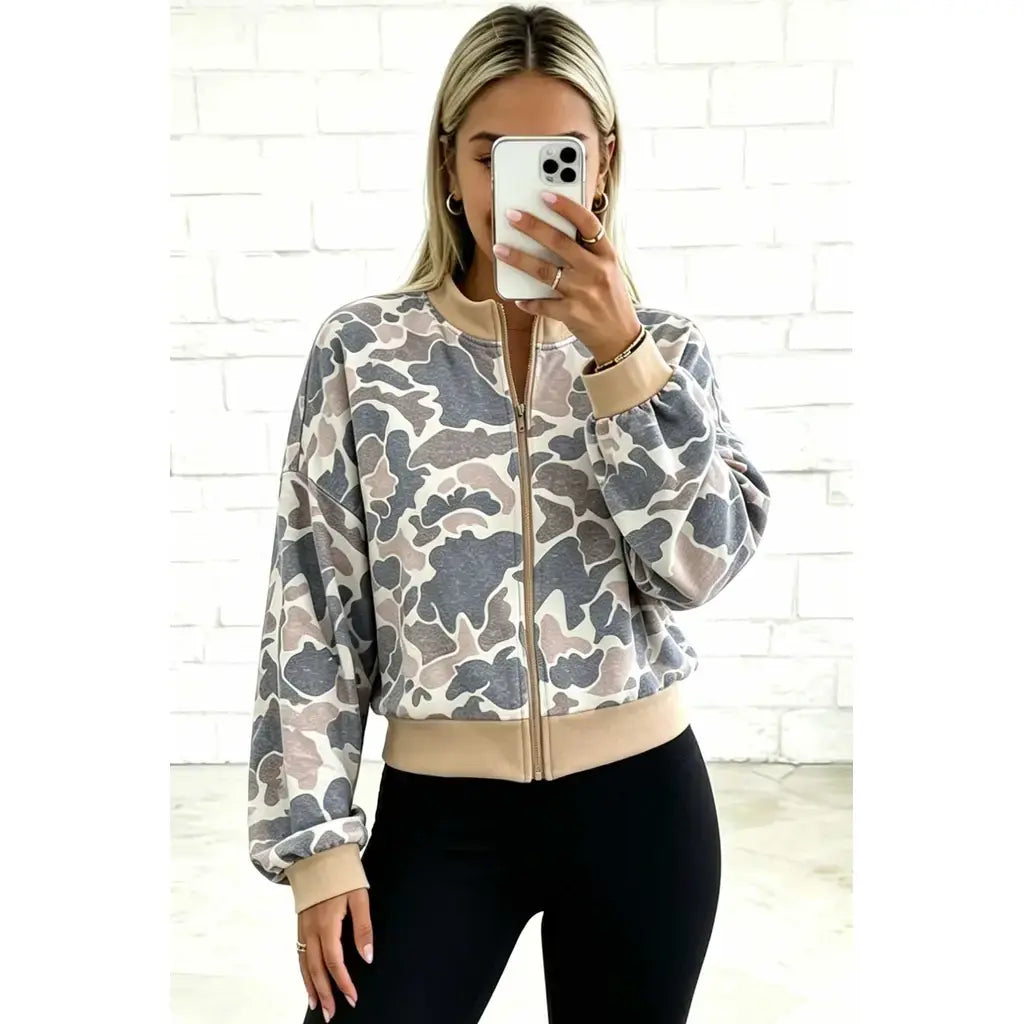 Multicolour Camouflage Print Color Block Trim Zip Bomber Sweatshirt