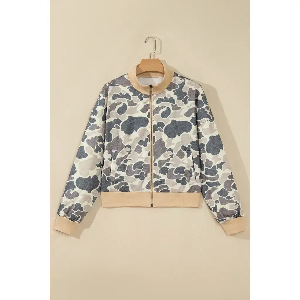 Multicolour Camouflage Print Color Block Trim Zip Bomber Sweatshirt