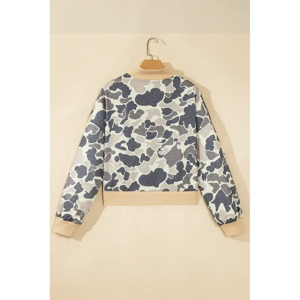 Multicolour Camouflage Print Color Block Trim Zip Bomber Sweatshirt