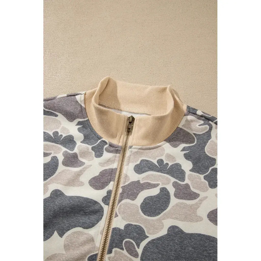 Multicolour Camouflage Print Color Block Trim Zip Bomber Sweatshirt