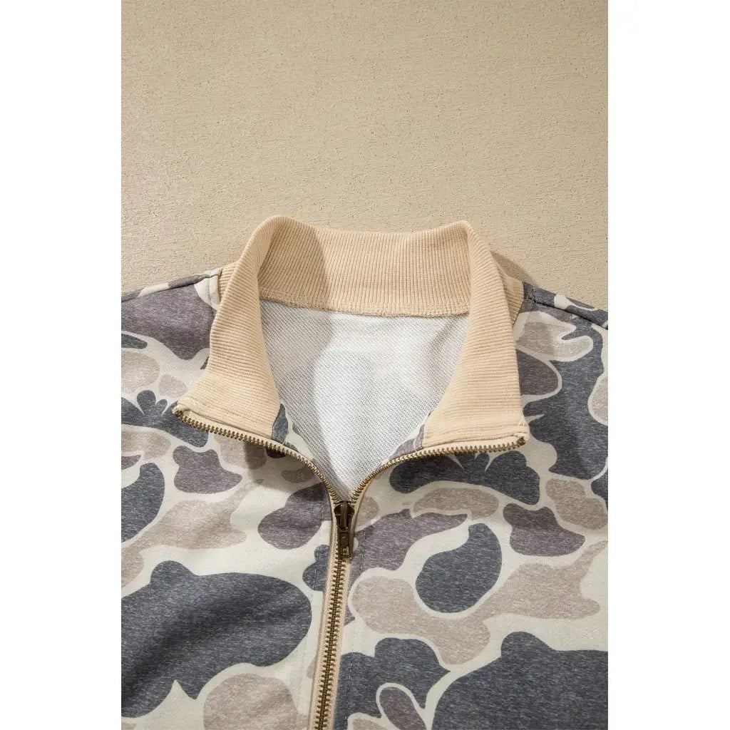 Multicolour Camouflage Print Color Block Trim Zip Bomber Sweatshirt