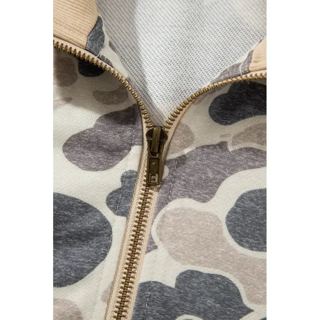 Multicolour Camouflage Print Color Block Trim Zip Bomber Sweatshirt