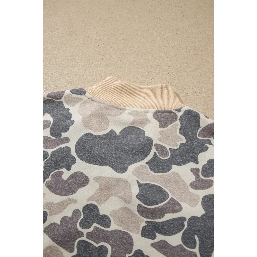 Multicolour Camouflage Print Color Block Trim Zip Bomber Sweatshirt