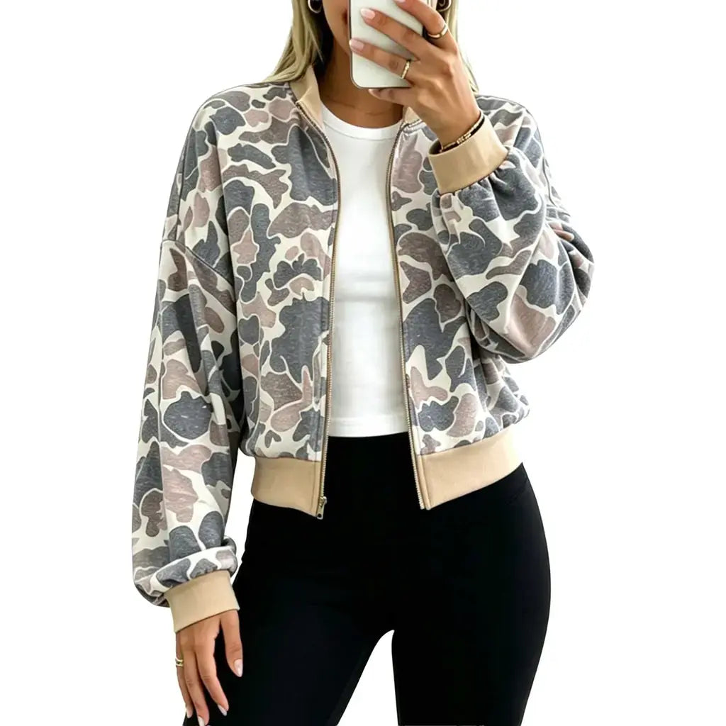 Multicolour Camouflage Print Color Block Trim Zip Bomber Sweatshirt