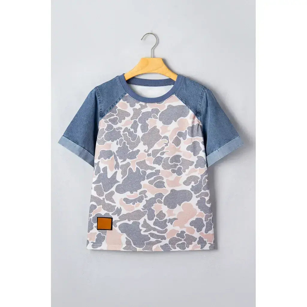 Multicolour Camouflage Print Denim Color Block Sleeve Casual Tee