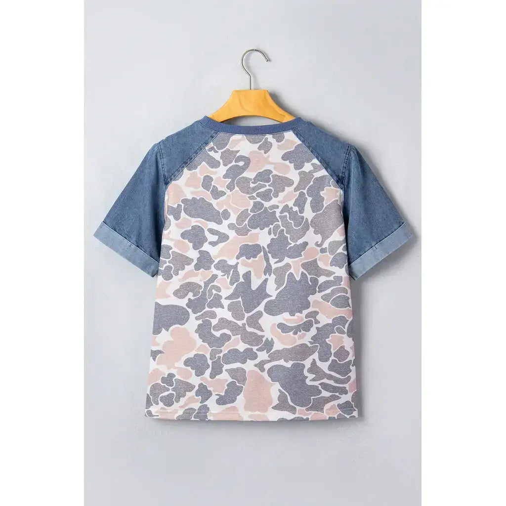 Multicolour Camouflage Print Denim Color Block Sleeve Casual Tee