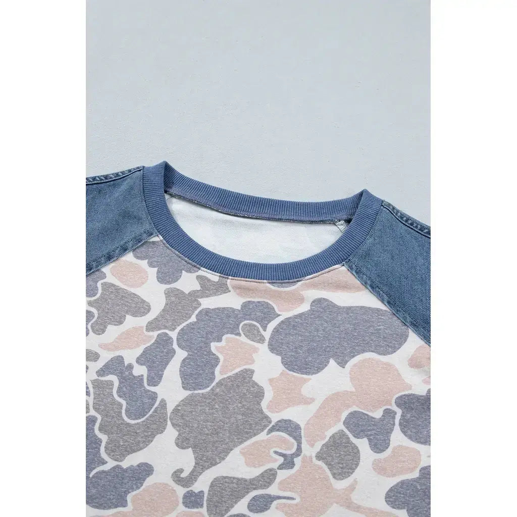 Multicolour Camouflage Print Denim Color Block Sleeve Casual Tee