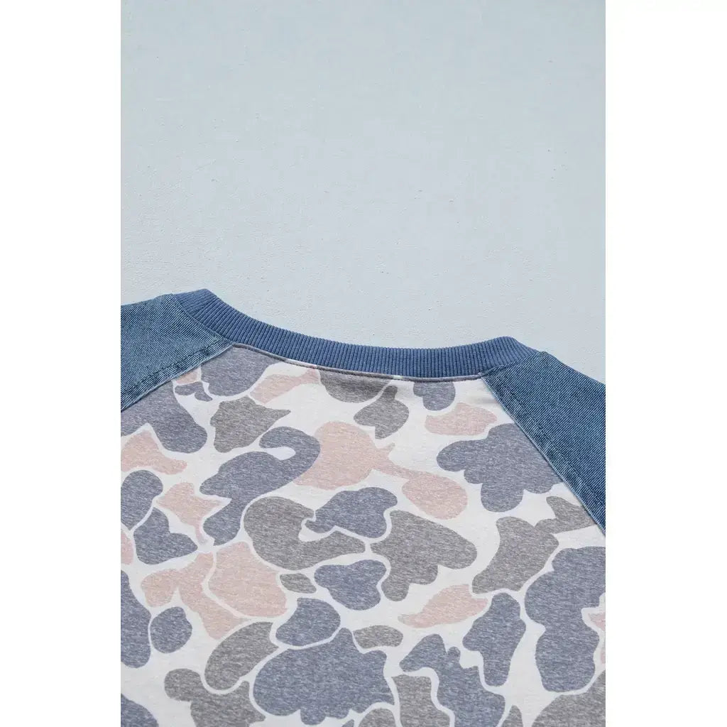 Multicolour Camouflage Print Denim Color Block Sleeve Casual Tee
