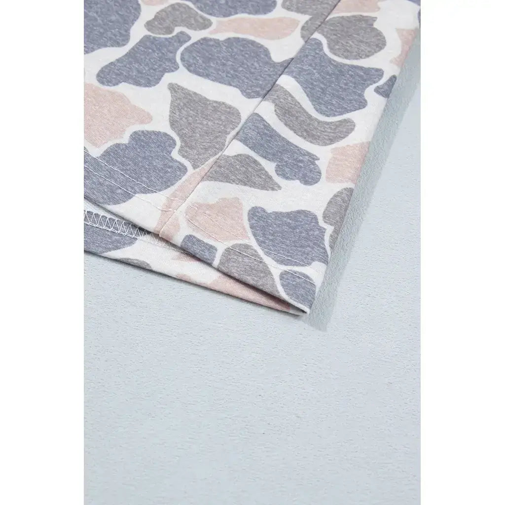 Multicolour Camouflage Print Denim Color Block Sleeve Casual Tee