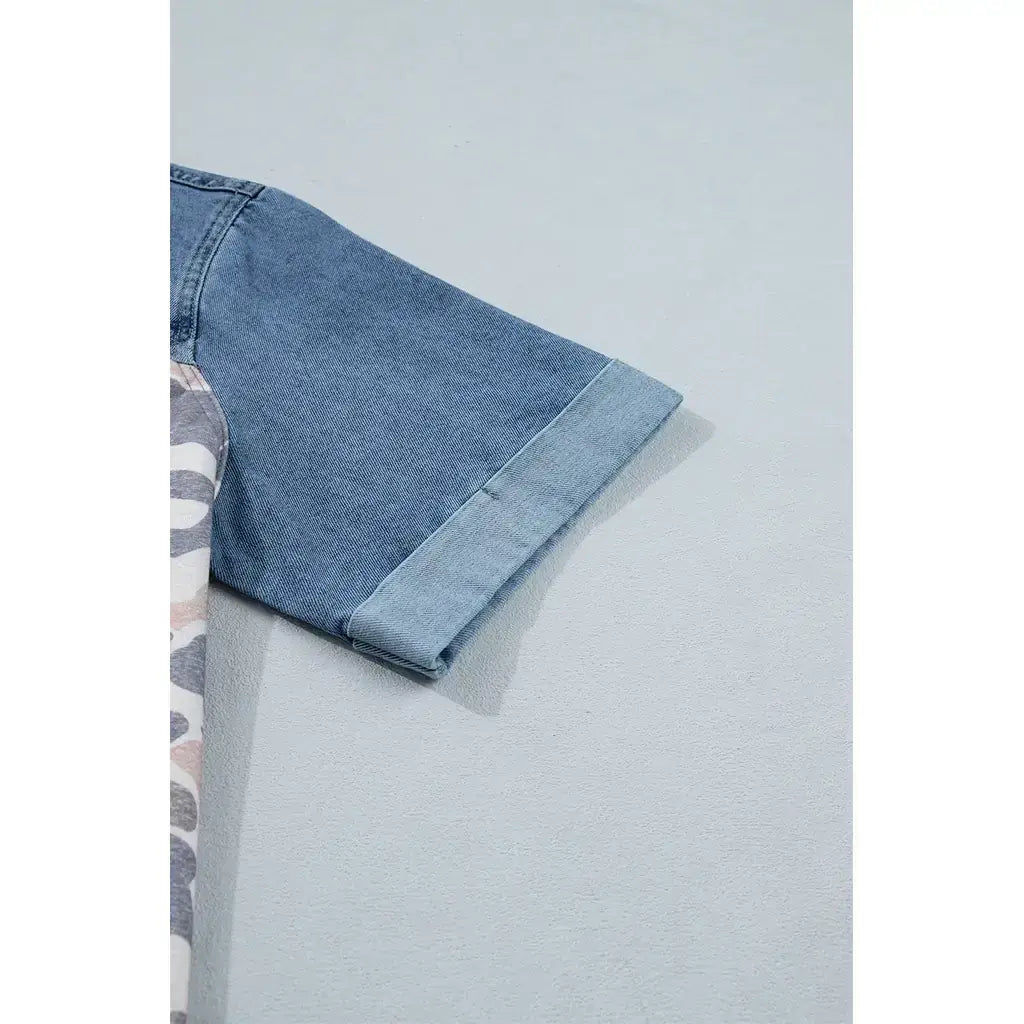 Multicolour Camouflage Print Denim Color Block Sleeve Casual Tee