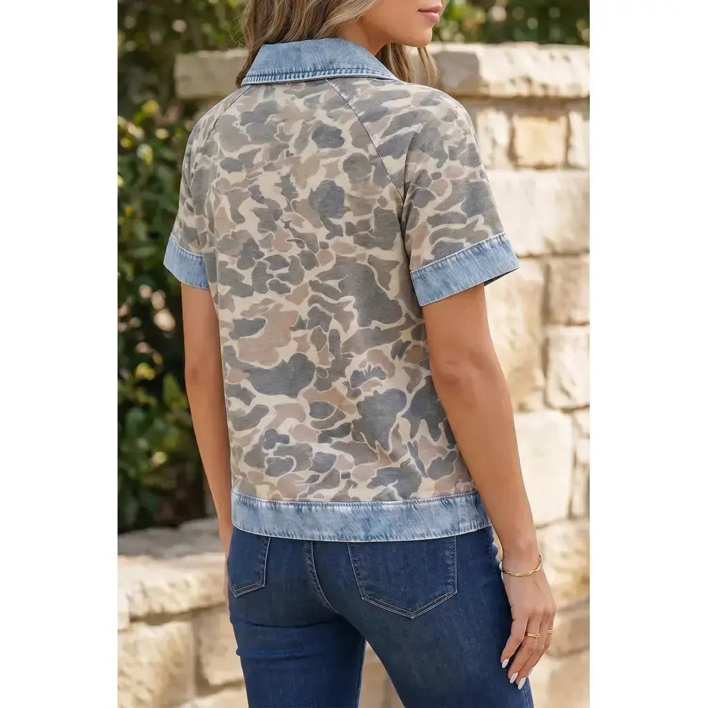 Multicolour Camouflage Print Denim Patchwork Polo Collar Tee