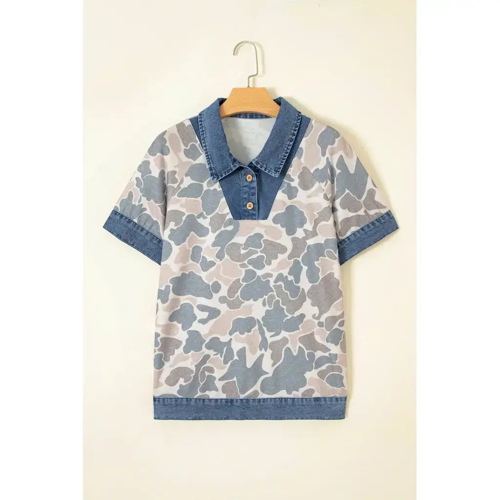Multicolour Camouflage Print Denim Patchwork Polo Collar Tee
