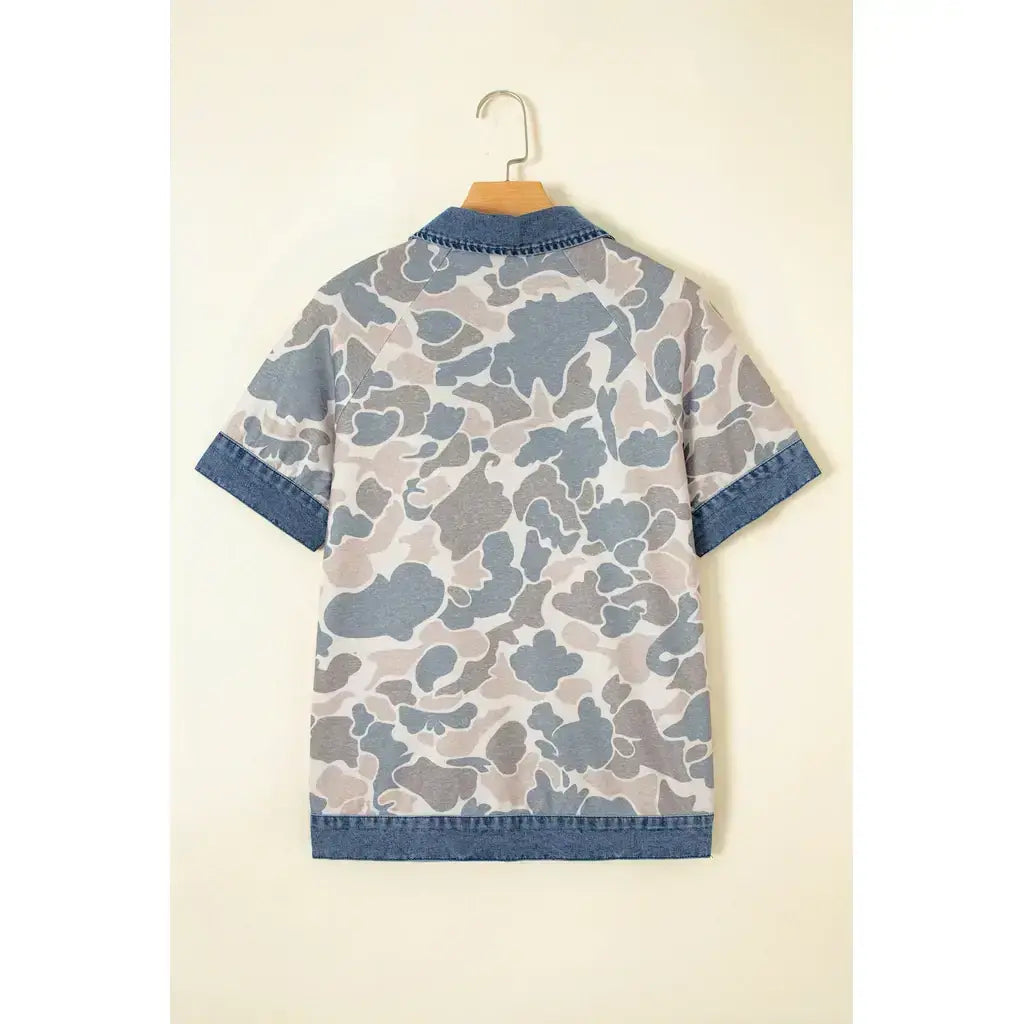 Multicolour Camouflage Print Denim Patchwork Polo Collar Tee