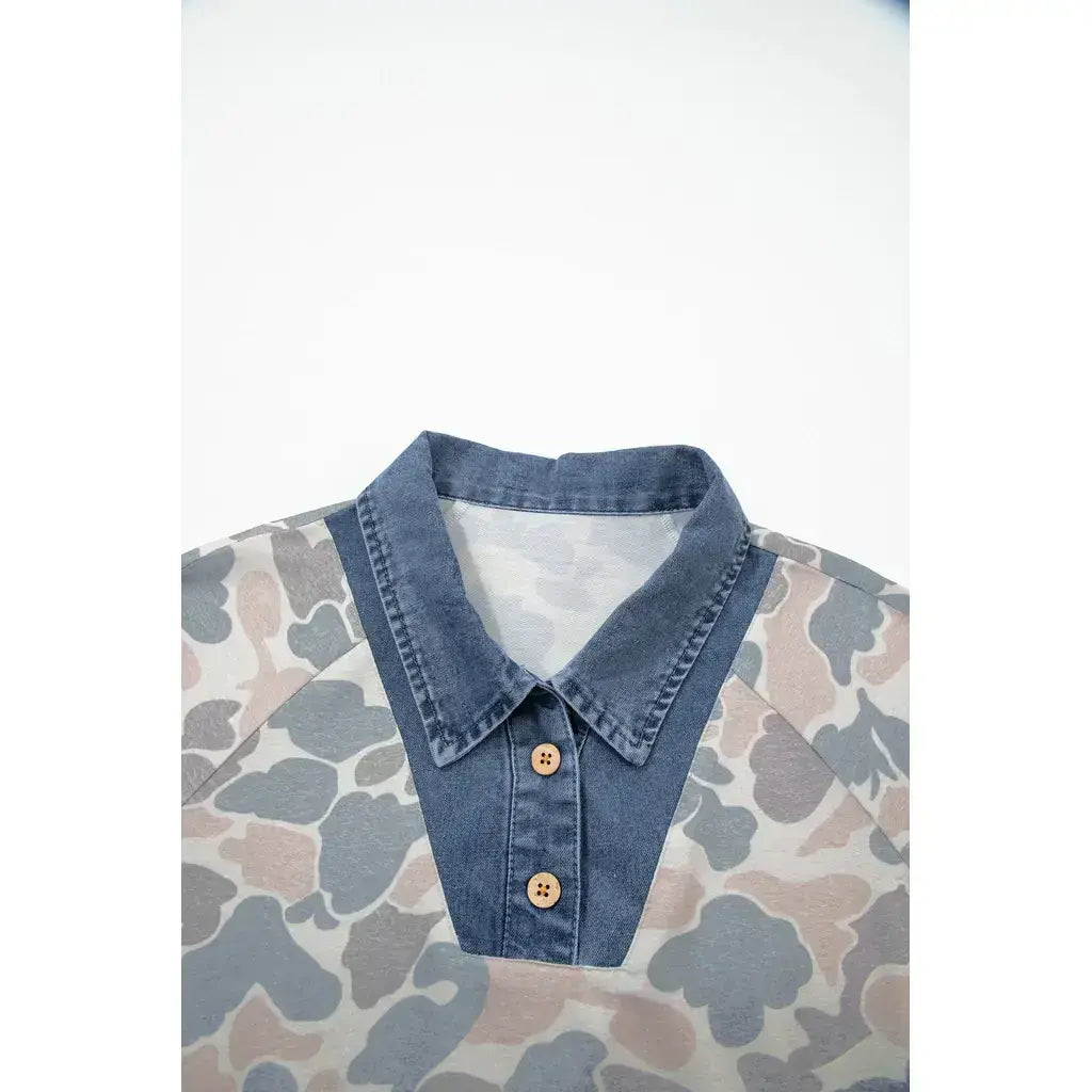 Multicolour Camouflage Print Denim Patchwork Polo Collar Tee