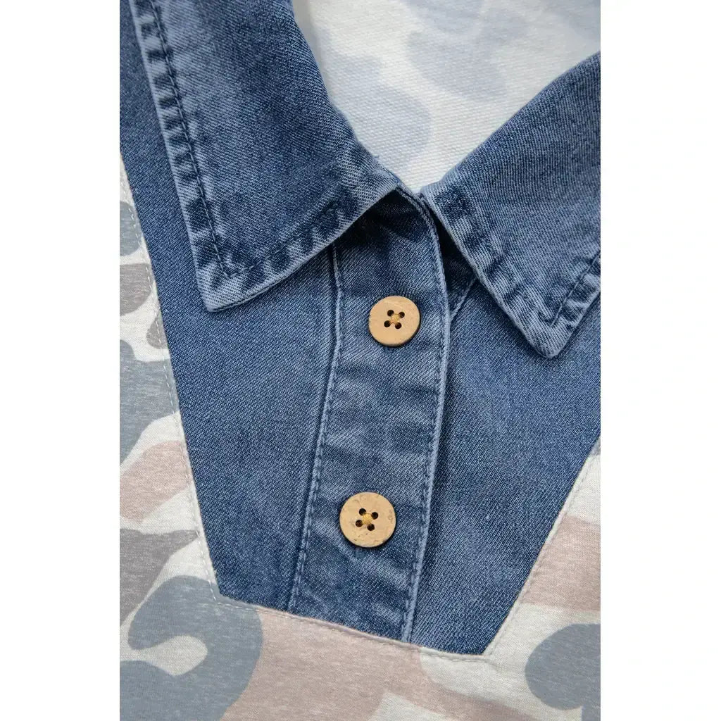 Multicolour Camouflage Print Denim Patchwork Polo Collar Tee