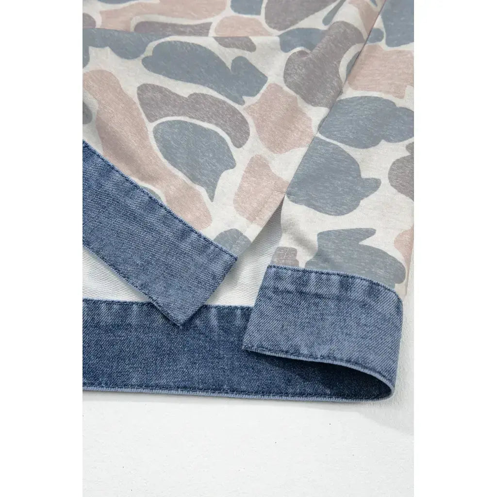 Multicolour Camouflage Print Denim Patchwork Polo Collar Tee