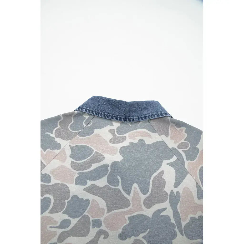 Multicolour Camouflage Print Denim Patchwork Polo Collar Tee