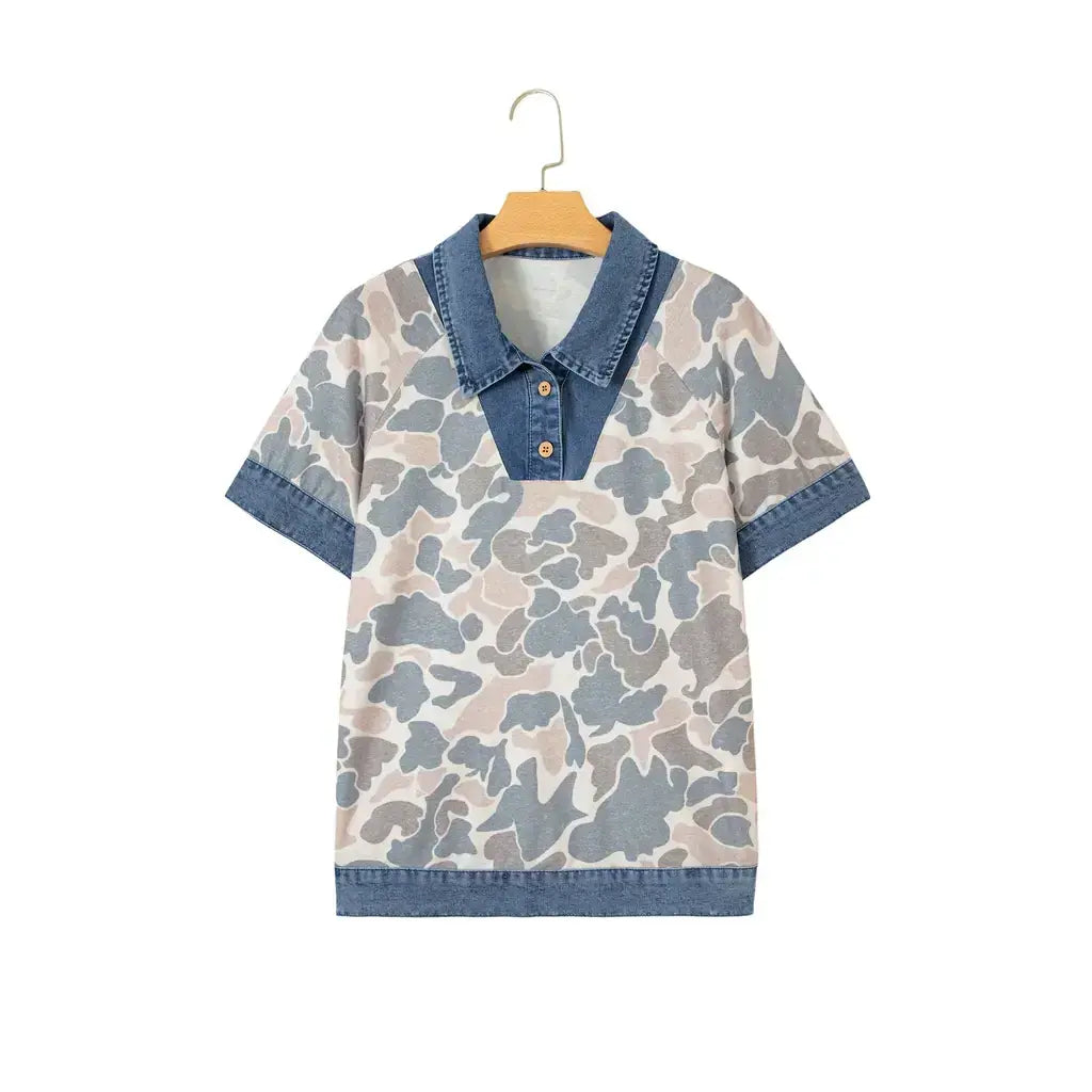 Multicolour Camouflage Print Denim Patchwork Polo Collar Tee