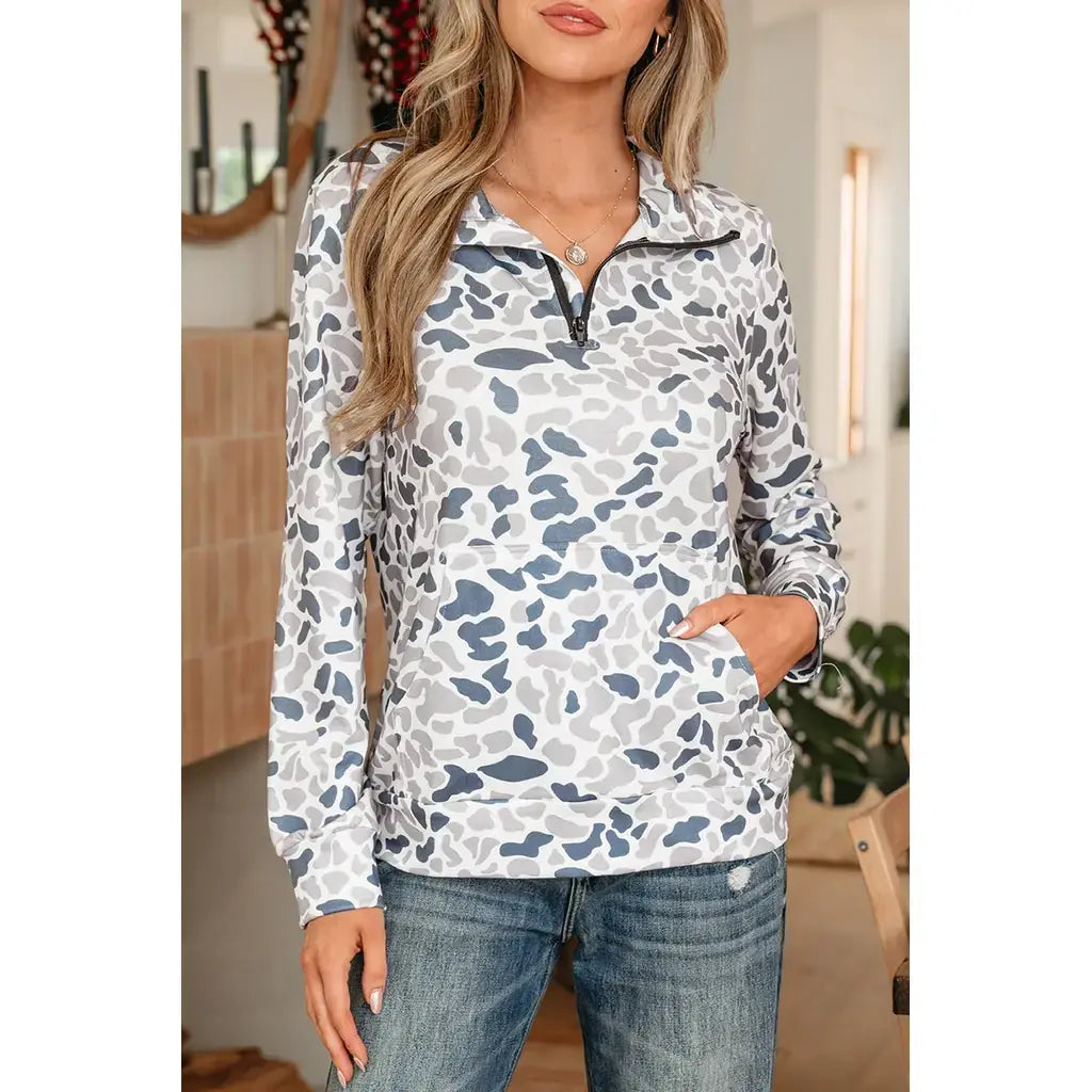 Multicolour Camouflage Print Kangaroo Pocket Zip Collar Pullover Sweatshirt