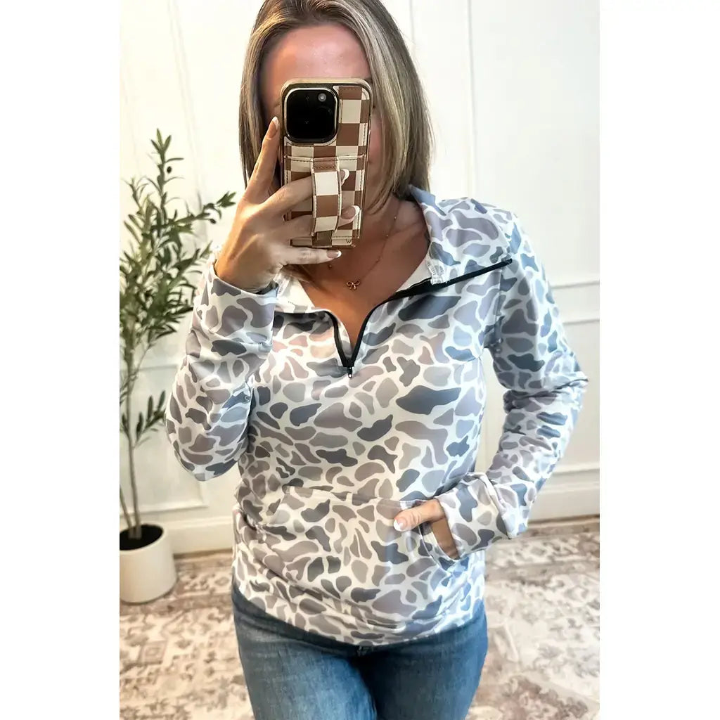 Multicolour Camouflage Print Kangaroo Pocket Zip Collar Pullover Sweatshirt