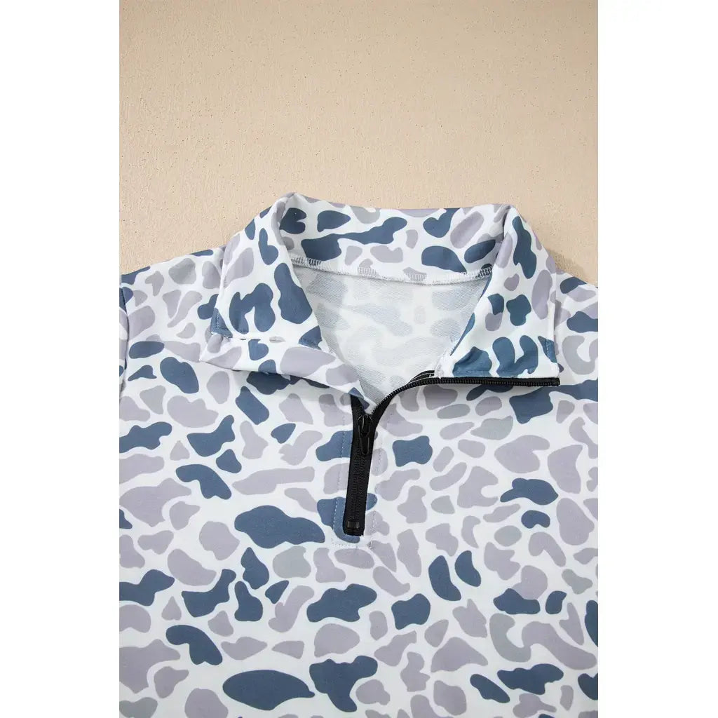 Multicolour Camouflage Print Kangaroo Pocket Zip Collar Pullover Sweatshirt