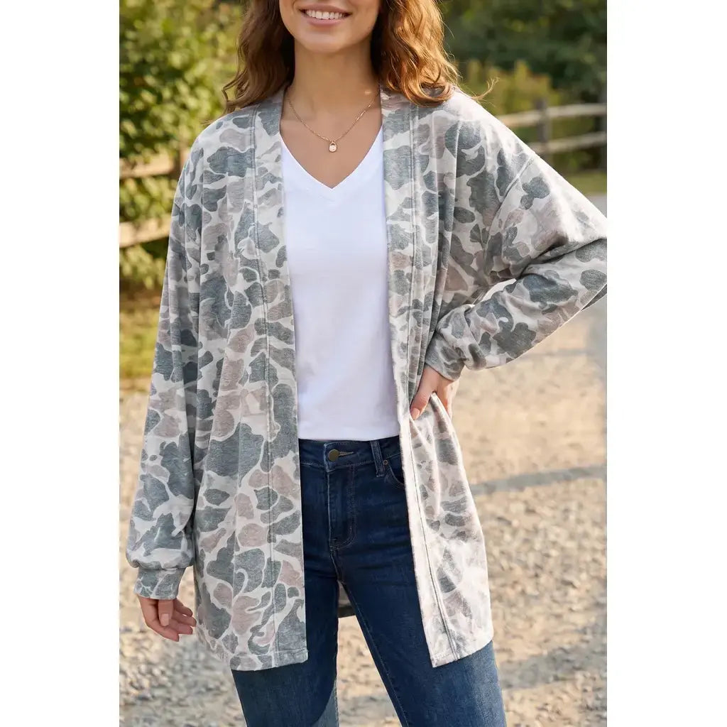 Multicolour Camouflage Print Long Sleeve Open Front Tunic Cardigan