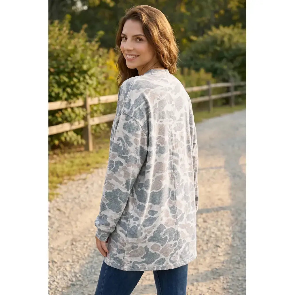Multicolour Camouflage Print Long Sleeve Open Front Tunic Cardigan