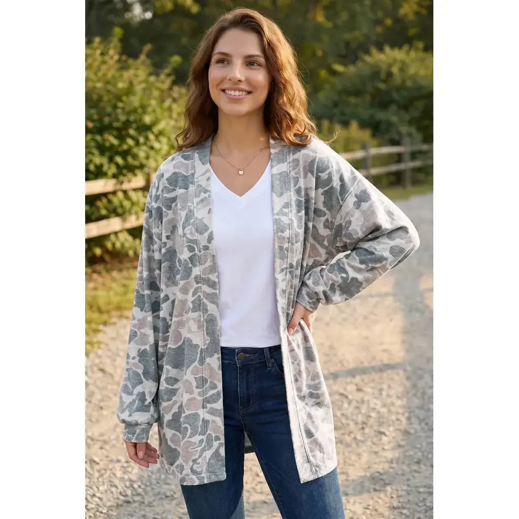 Multicolour Camouflage Print Long Sleeve Open Front Tunic Cardigan