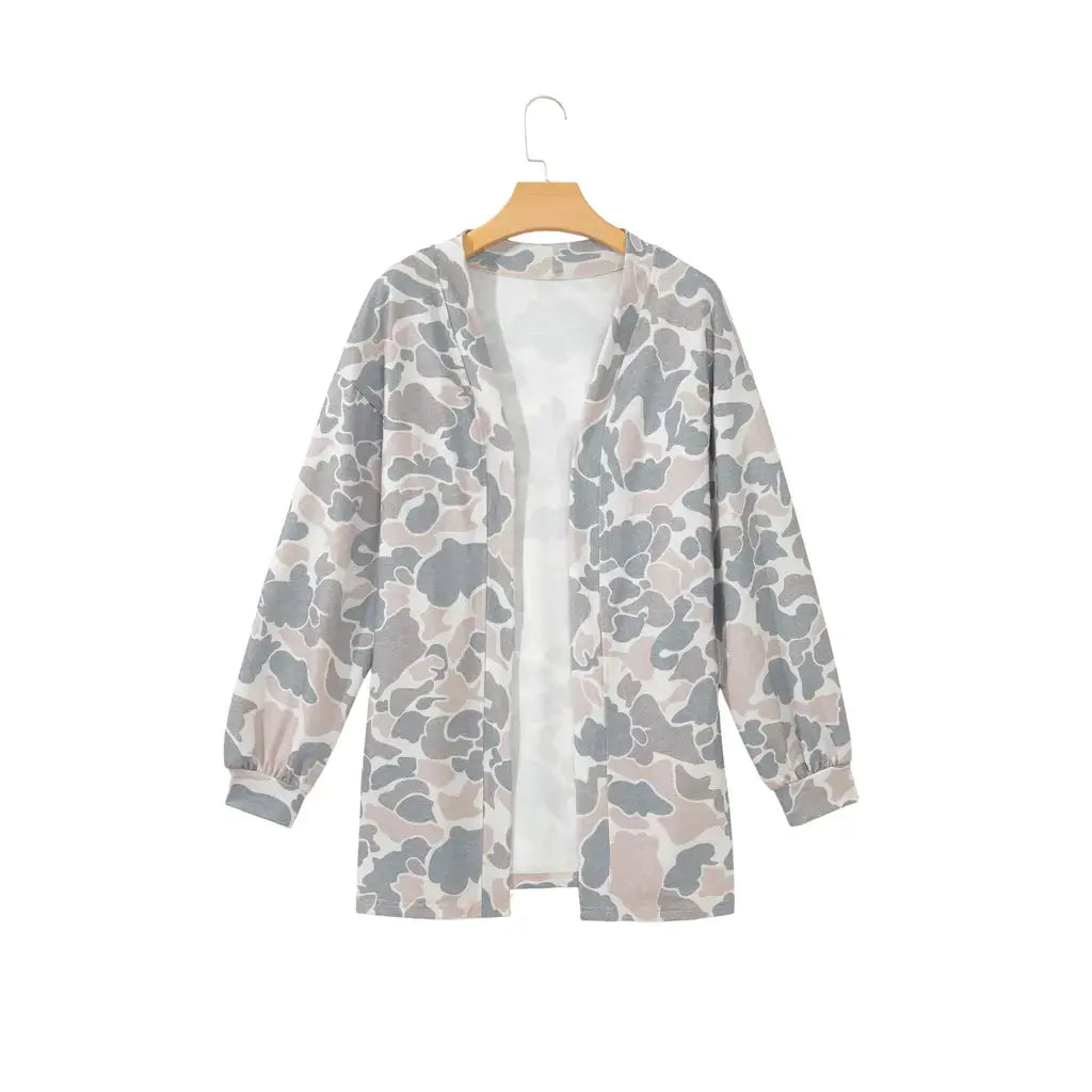 Multicolour Camouflage Print Long Sleeve Open Front Tunic Cardigan