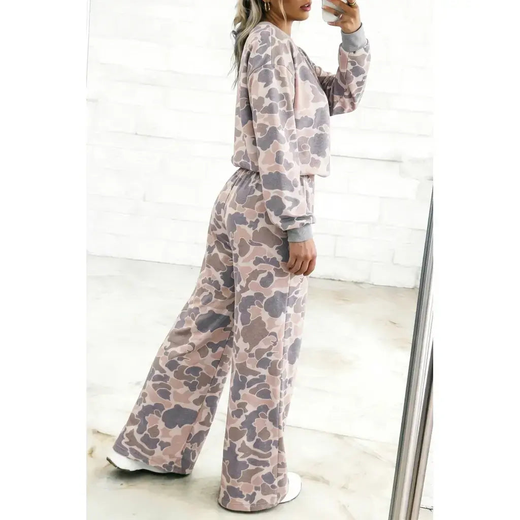Multicolour Camouflage Print Long Sleeve Top Loose 2pcs Pants Set