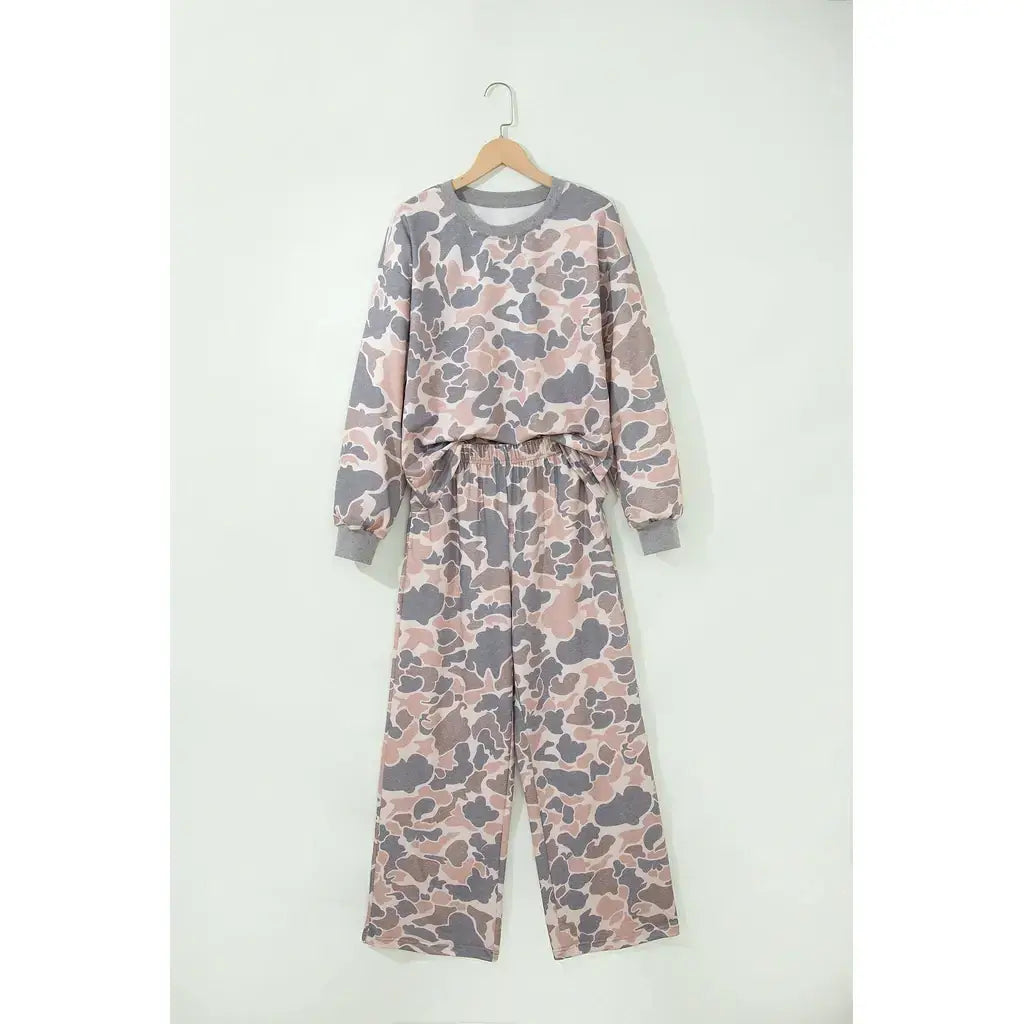 Multicolour Camouflage Print Long Sleeve Top Loose 2pcs Pants Set
