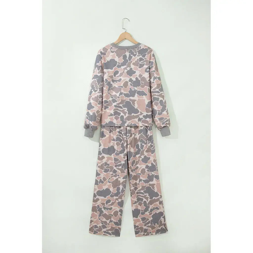 Multicolour Camouflage Print Long Sleeve Top Loose 2pcs Pants Set