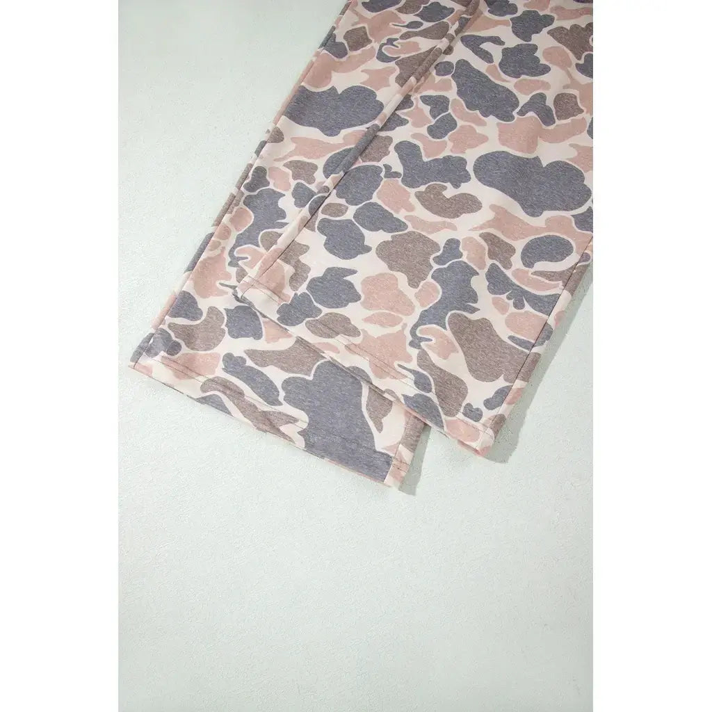 Multicolour Camouflage Print Long Sleeve Top Loose 2pcs Pants Set