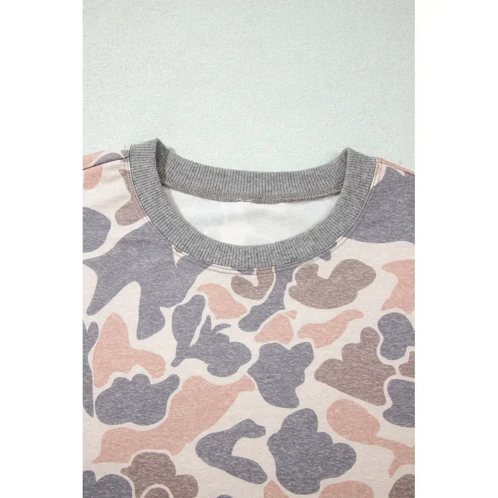 Multicolour Camouflage Print Long Sleeve Top Loose 2pcs Pants Set
