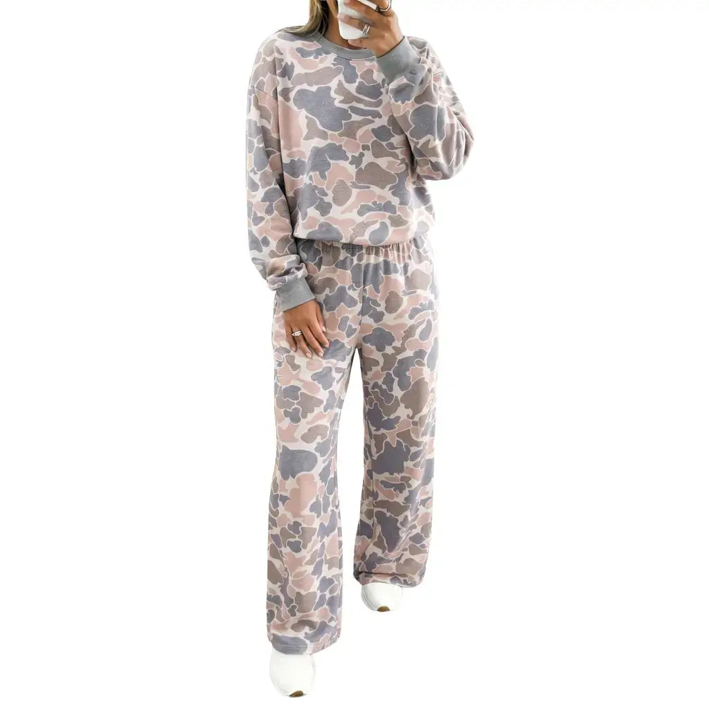 Multicolour Camouflage Print Long Sleeve Top Loose 2pcs Pants Set