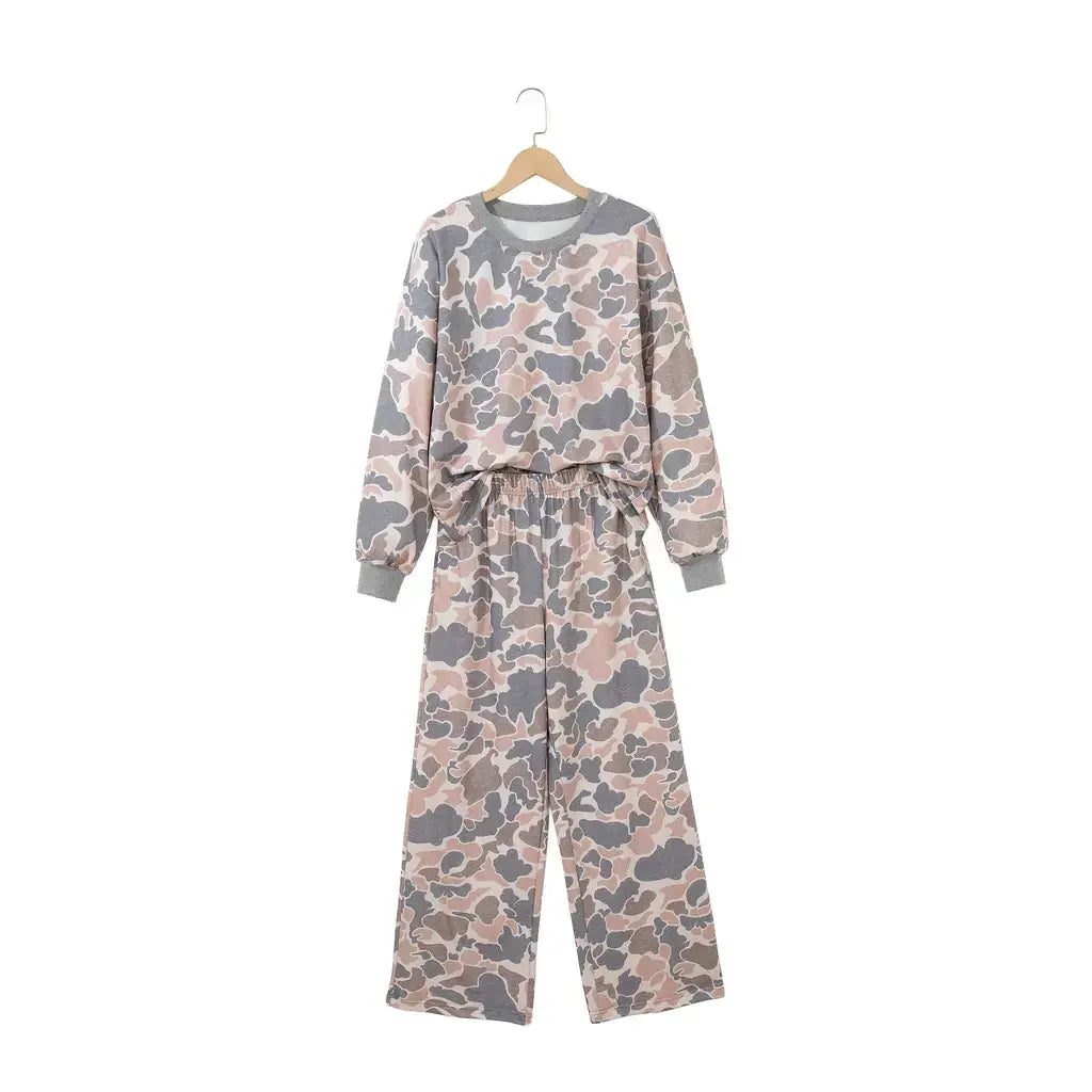 Multicolour Camouflage Print Long Sleeve Top Loose 2pcs Pants Set