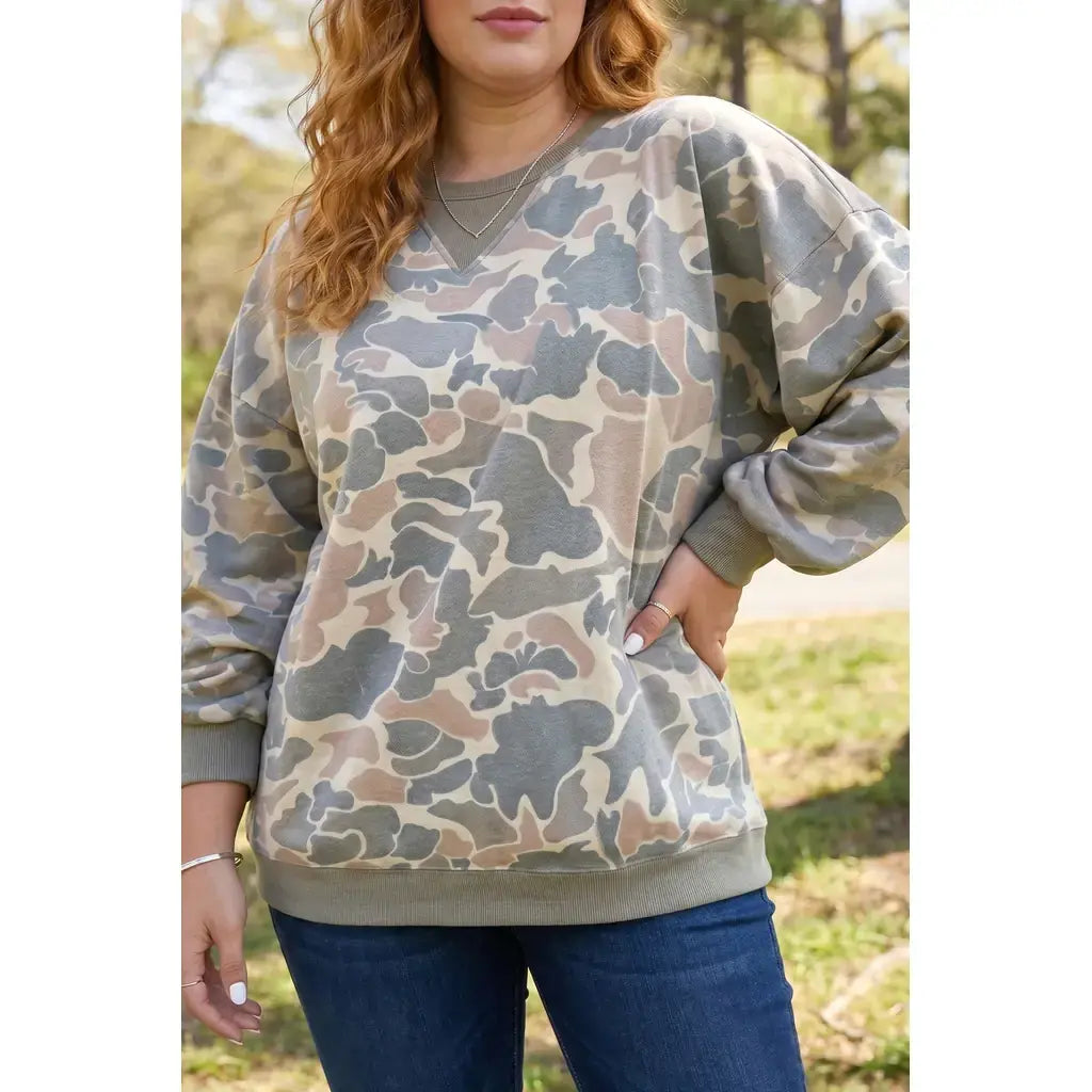 Multicolour Camouflage Print Shift Silhouette Long Sleeve Plus Size Sweatshirt