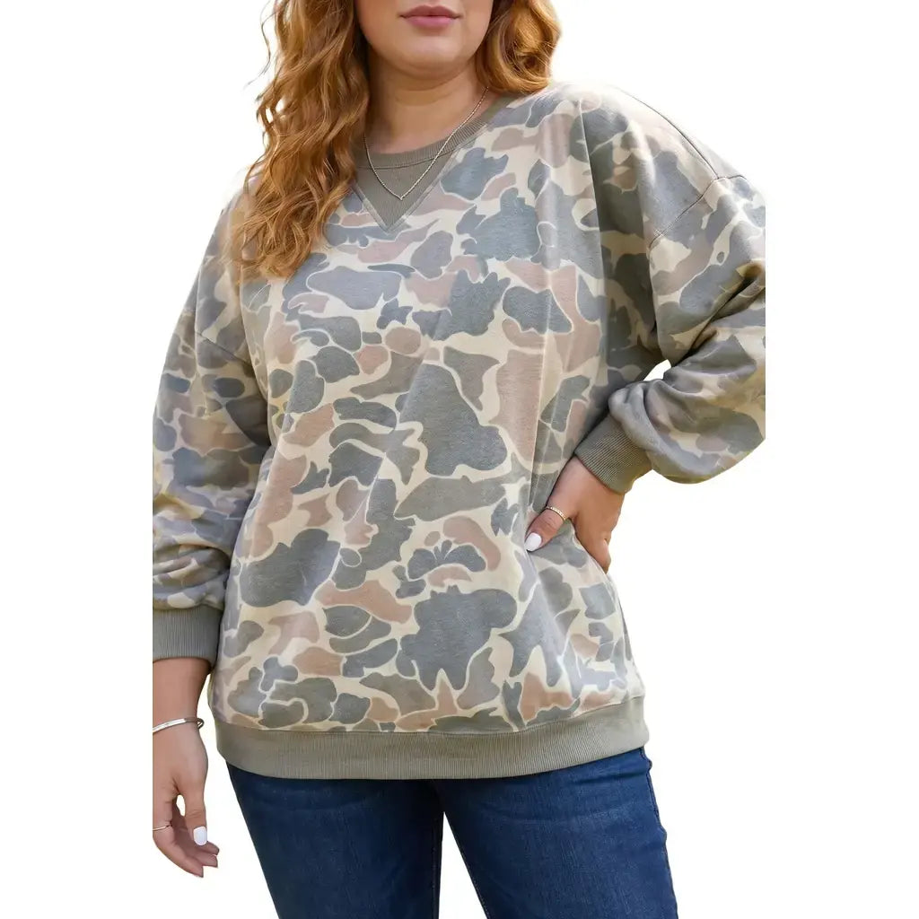 Multicolour Camouflage Print Shift Silhouette Long Sleeve Plus Size Sweatshirt