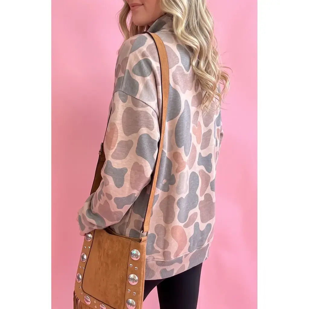 Multicolour Half Button Camouflage Stand Neck Pullover Sweatshirt