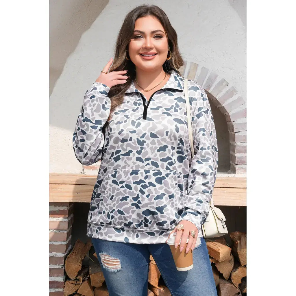 Multicolour Plus Camouflage Print Quarter Zip Kangaroo Pocket Pullover Sweatshirt