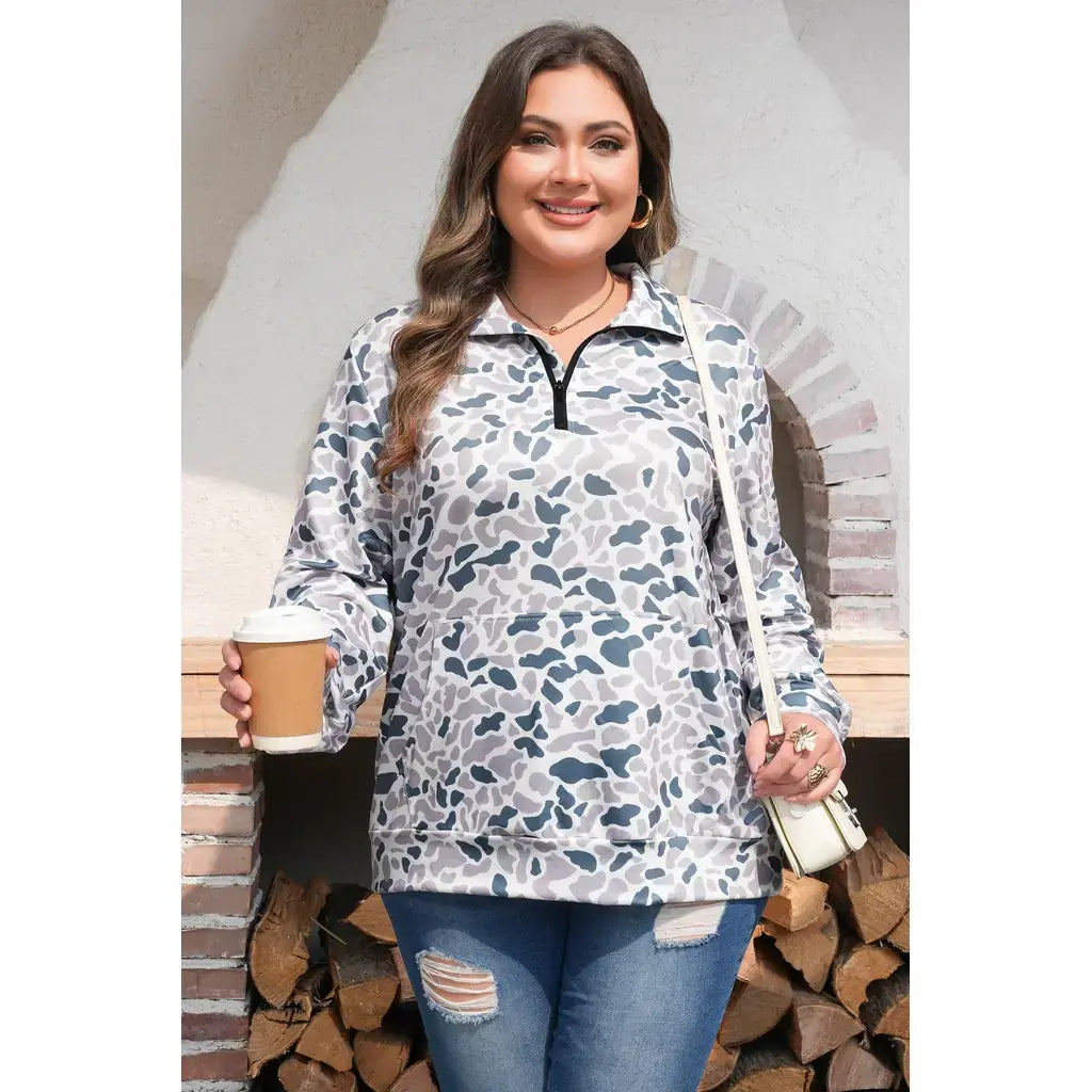 Multicolour Plus Camouflage Print Quarter Zip Kangaroo Pocket Pullover Sweatshirt