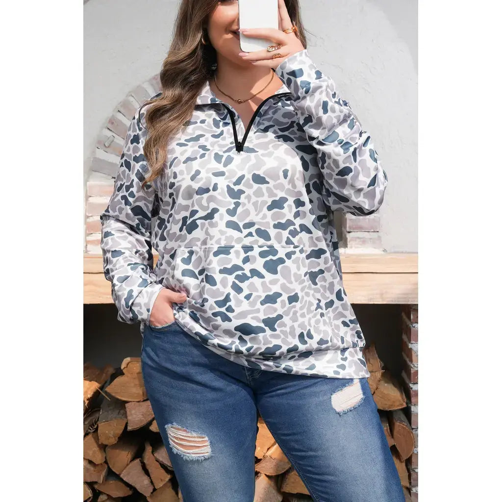 Multicolour Plus Camouflage Print Quarter Zip Kangaroo Pocket Pullover Sweatshirt