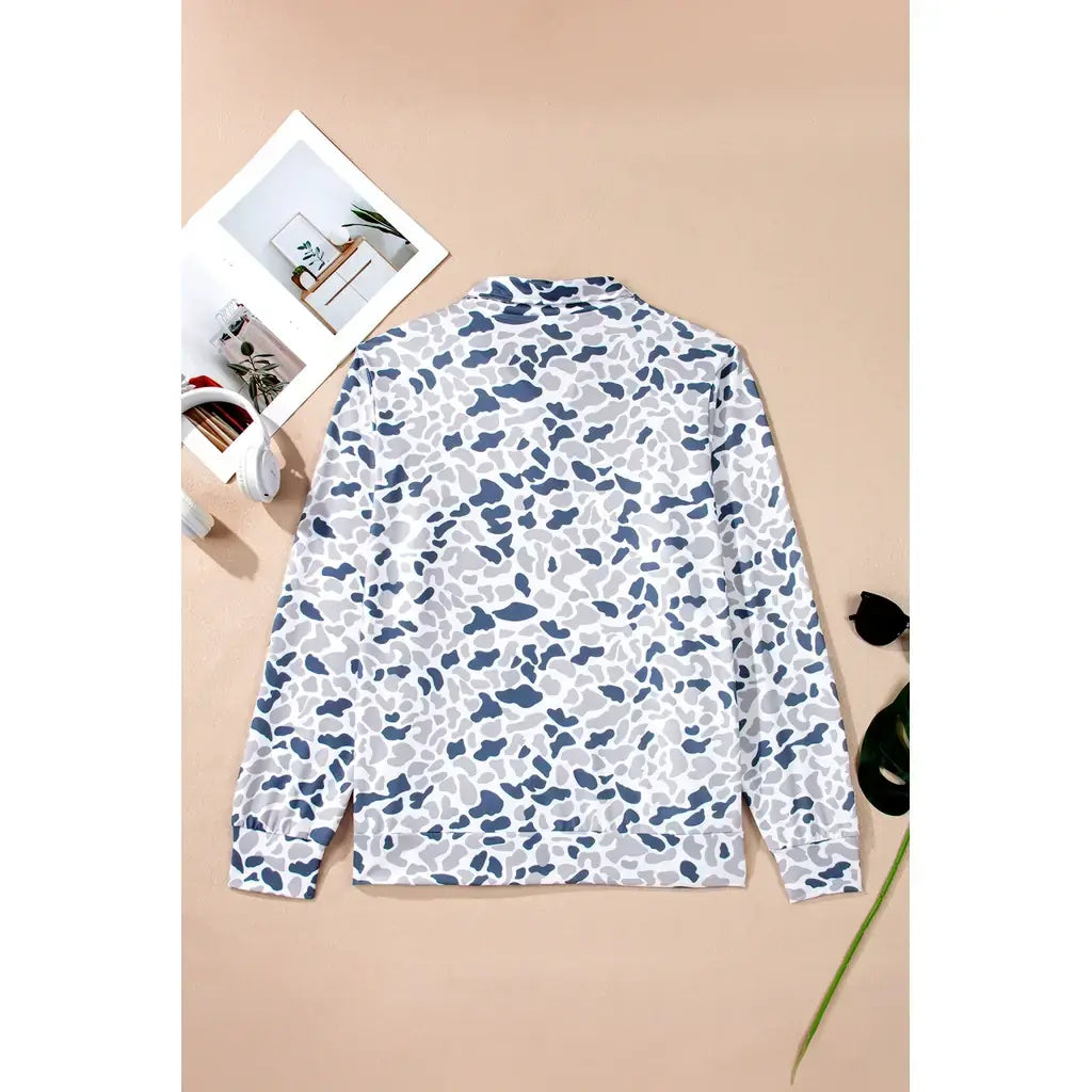 Multicolour Plus Camouflage Print Quarter Zip Kangaroo Pocket Pullover Sweatshirt