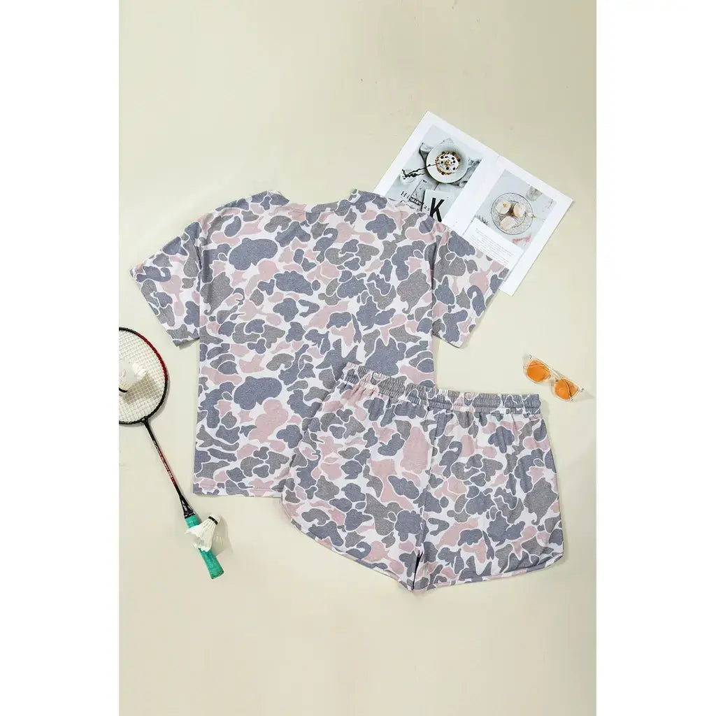 Multicolour Plus Size Camouflage Print Casual Tee and Shorts Set